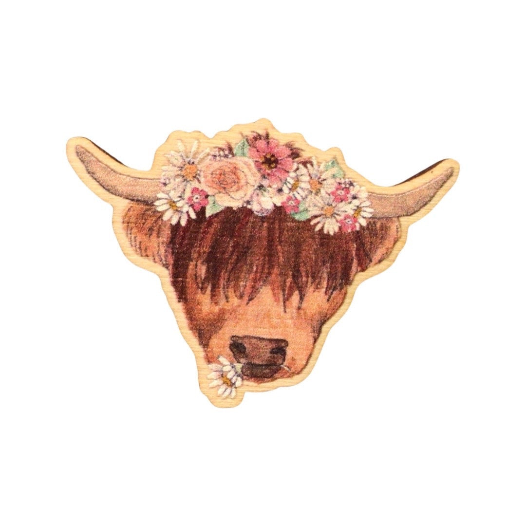 Highland Cow Wooden Pin Badge
