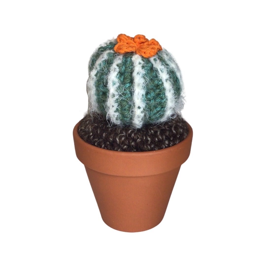 Orange Flower Striped Round Crochet Cactus - Medium