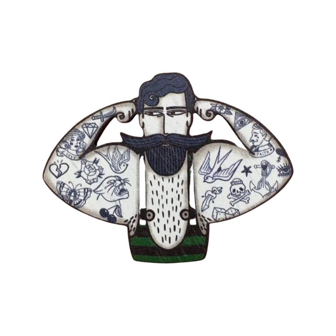 Circus Strongman Wooden Brooch