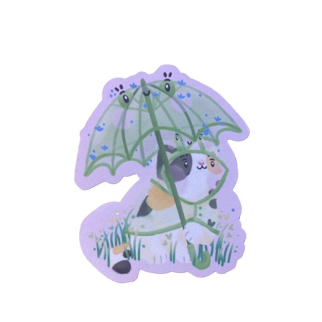 Frog Raincoat and Umbrella Cat Sticker