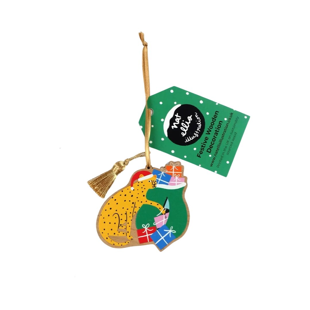 Cheetah with Presents Wooden Christmas Decoration