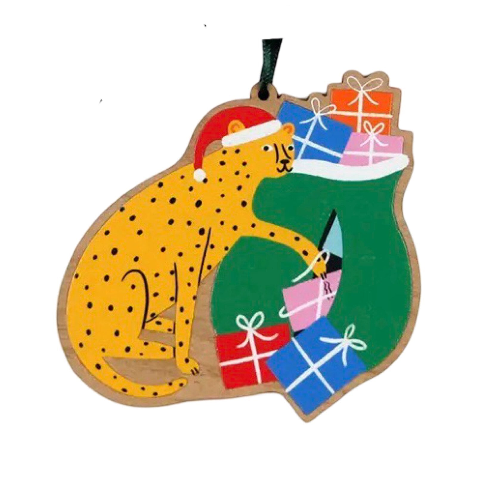 Cheetah with Presents Wooden Christmas Decoration