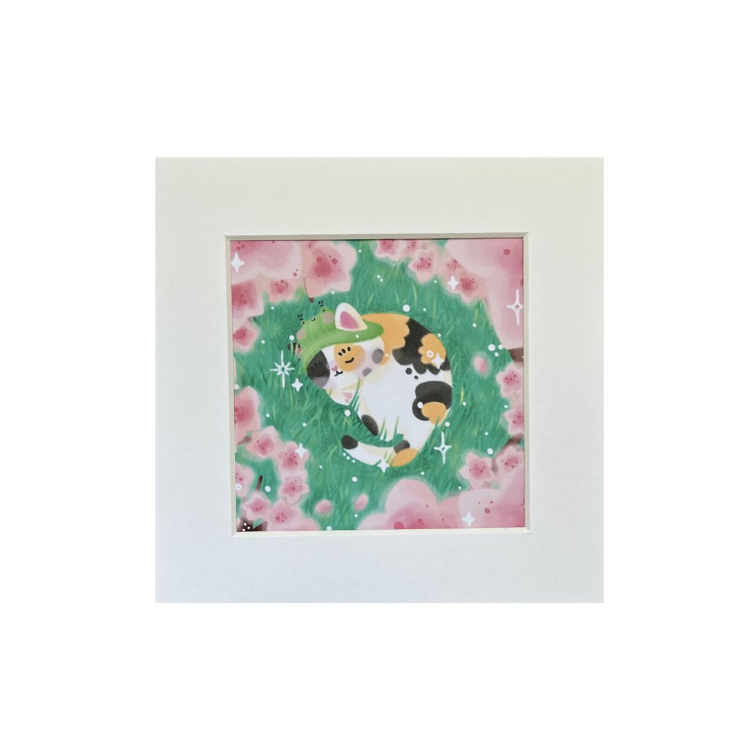 Cherry Blossom Cat Mini Mounted Print
