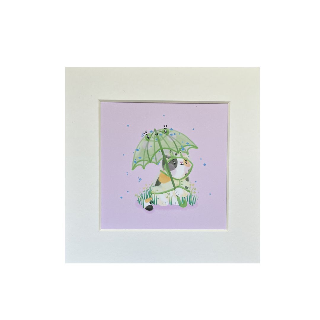 Frog Raincoat And Umbrella Cat Mini Mounted Print