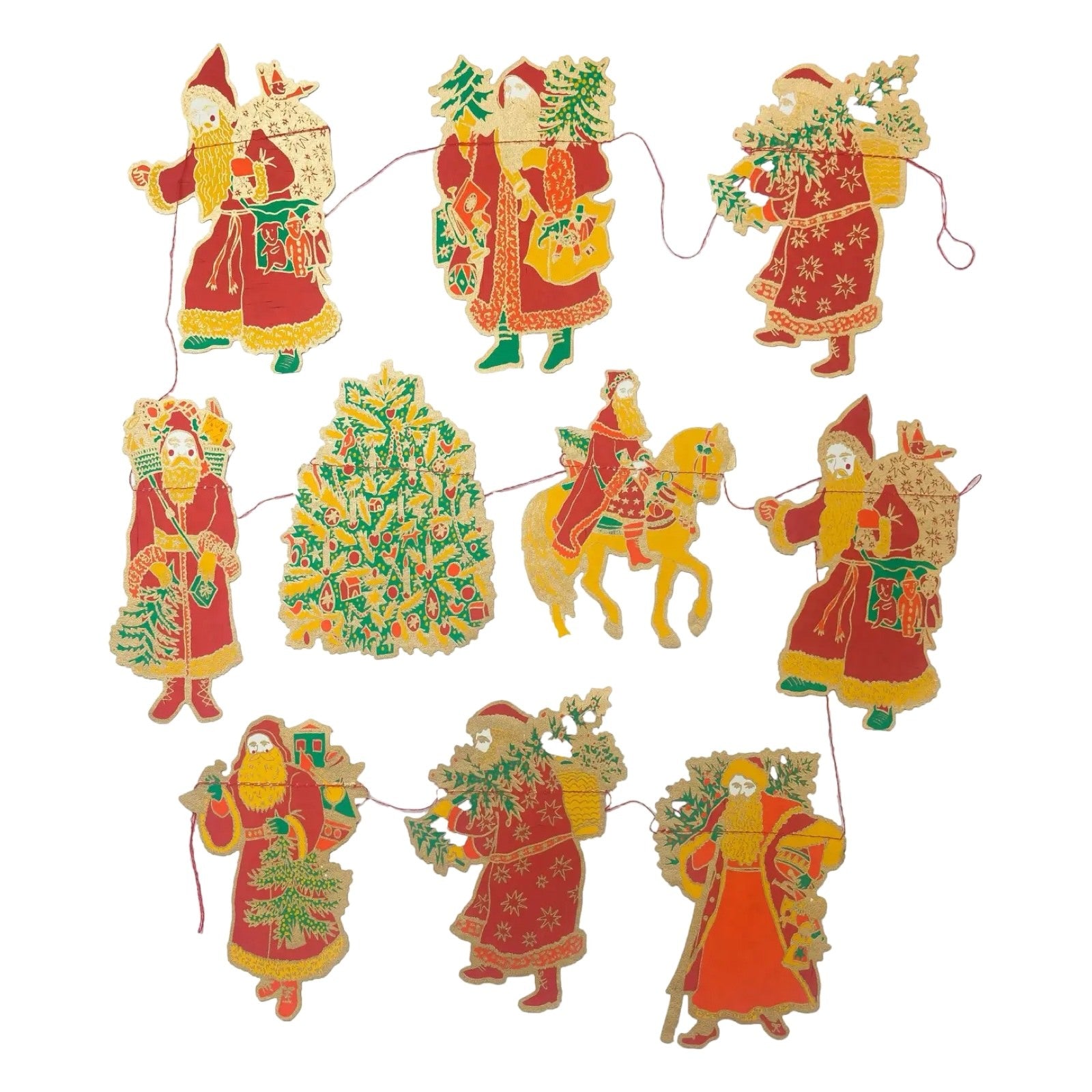 Festive Saint Nicholas paper garland, featuring nine screen-printed Santa Clause figures and a Christmas tree in red, gold and green.