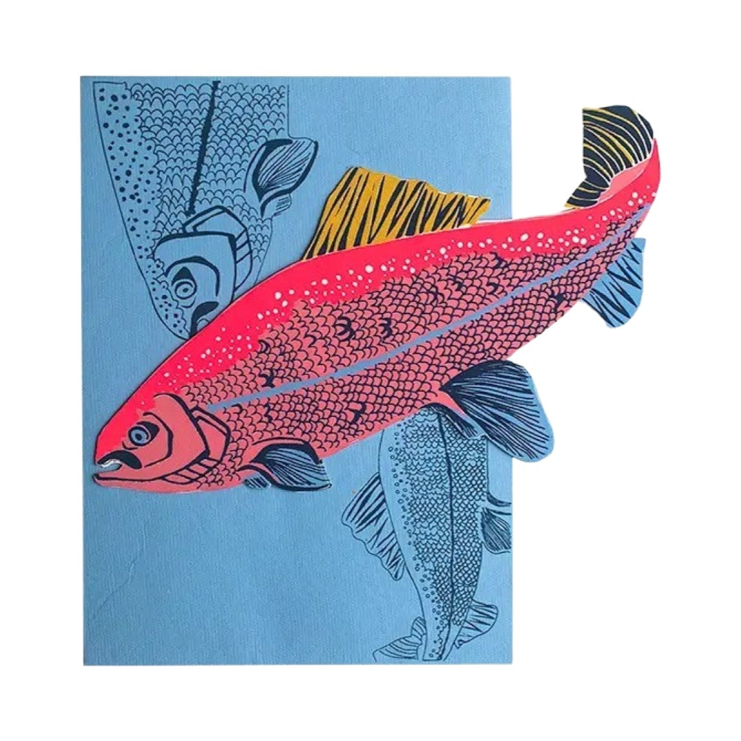 Hand-printed salmon-shaped pop-up card in pink, blue and yellow with a blue envelope.