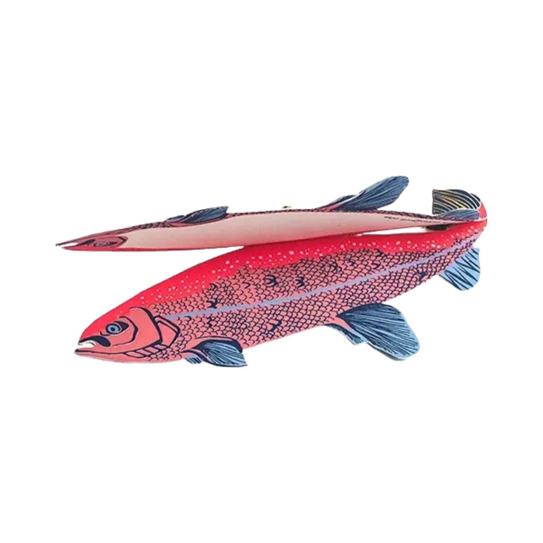 Hand-printed salmon-shaped pop-up card in pink, blue and yellow open showing the pace to write your message.