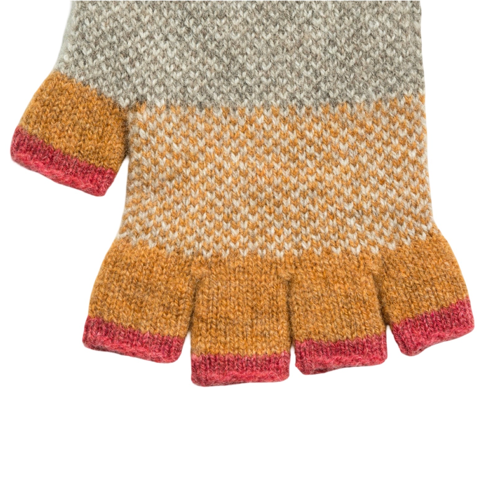 Knitted fingerless gloves with a patterned design on a white background.