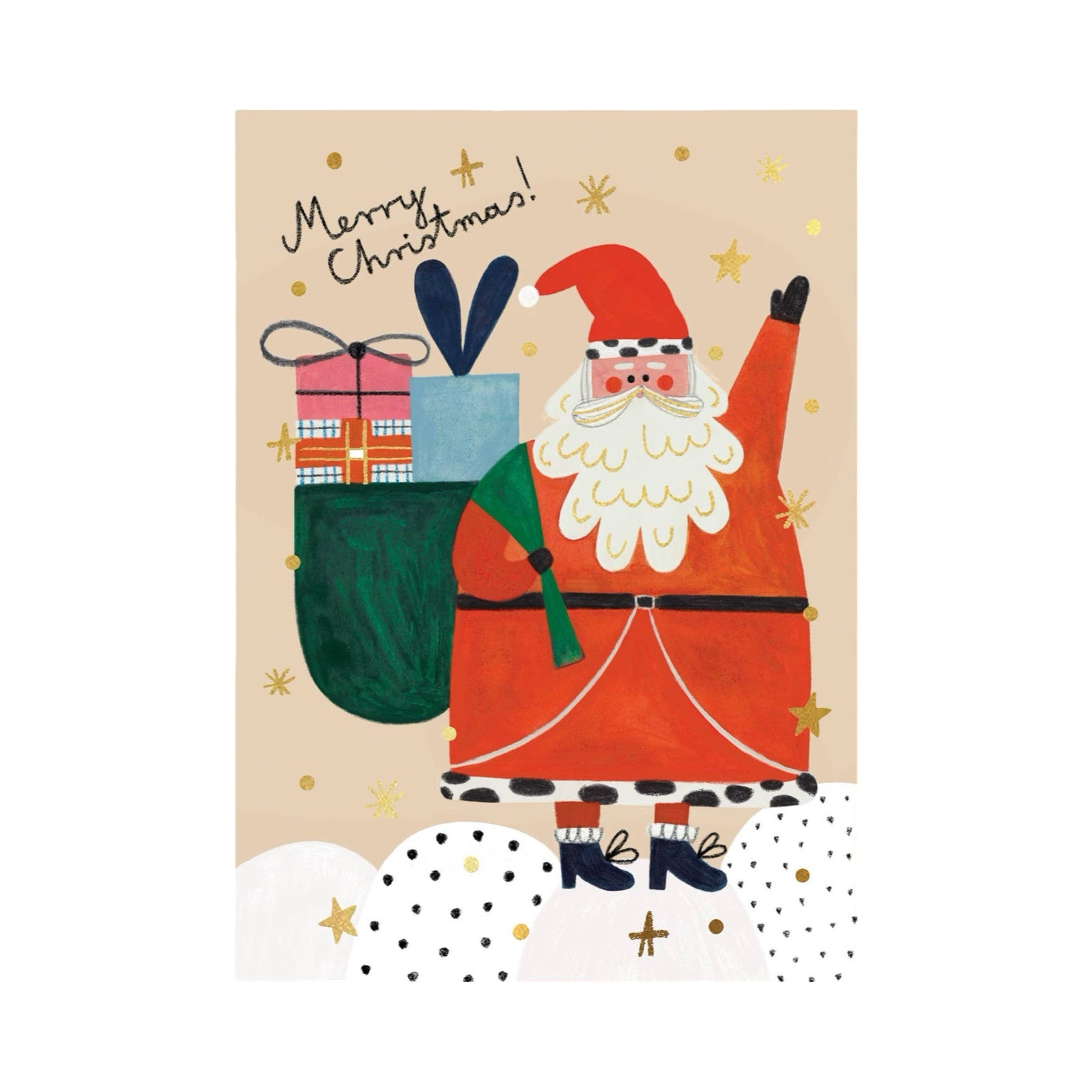 A Christmas card featuring an illustration of Santa carrying a sack of Christmas presents.