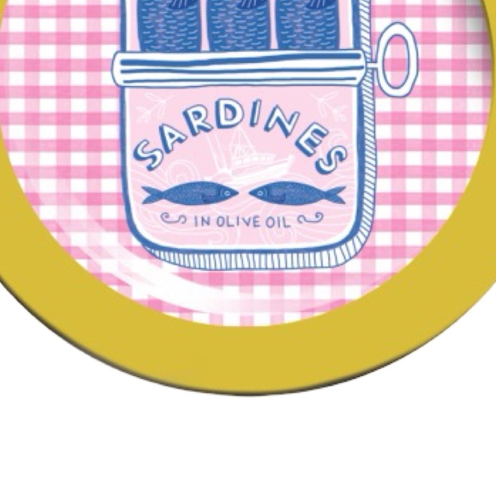 Round plate with yellow rim featuring a design of sardines in a can on a pink checkered background.