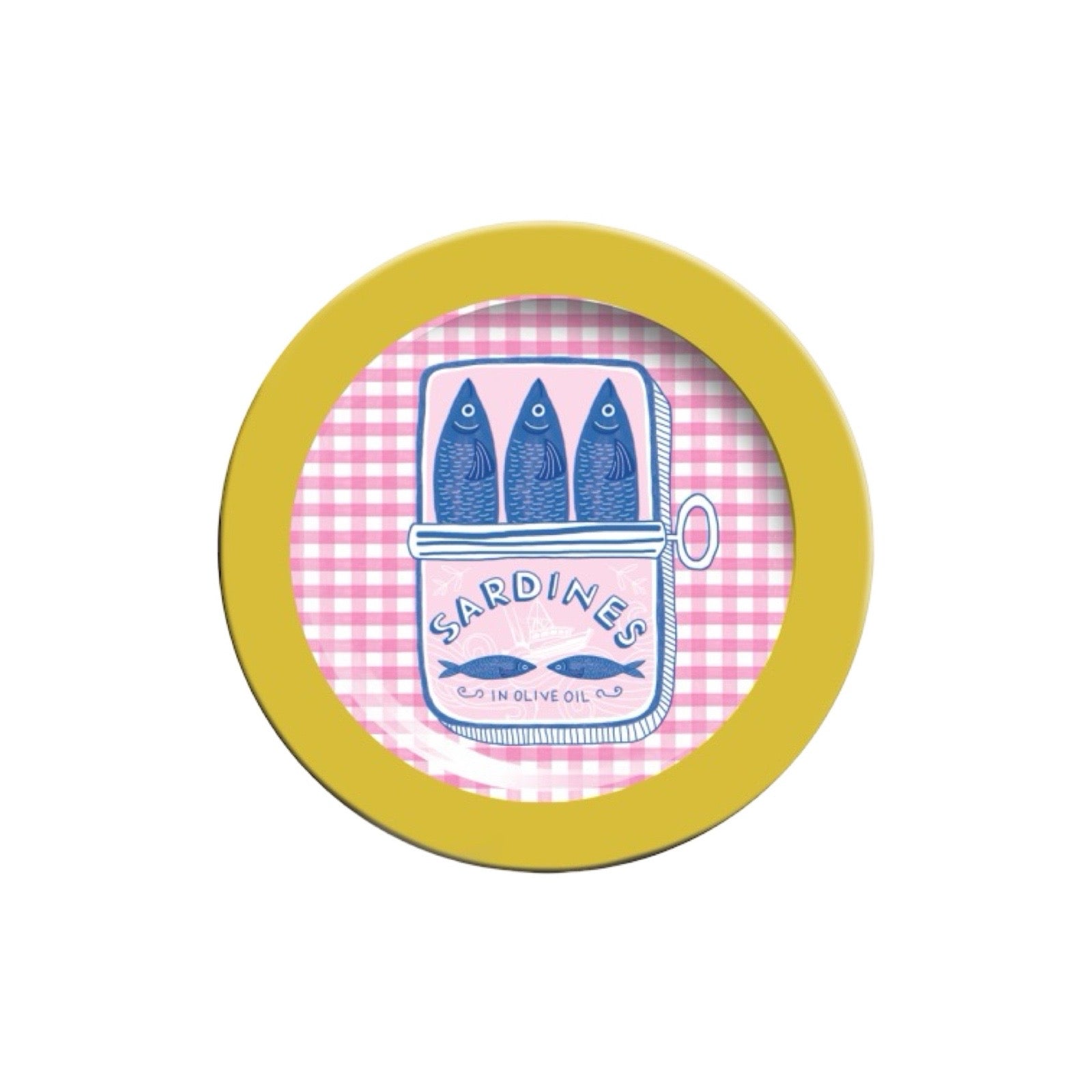 Round plate with yellow rim featuring a design of sardines in a can on a pink checkered background.