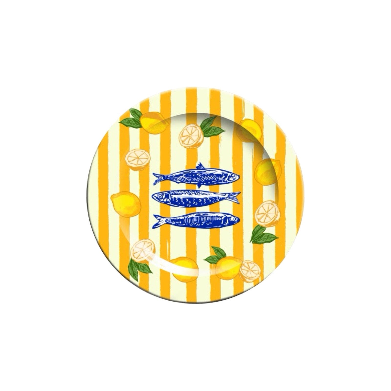 Decorative plate with yellow and white striped pattern, blue fish, and lemons on a white background.