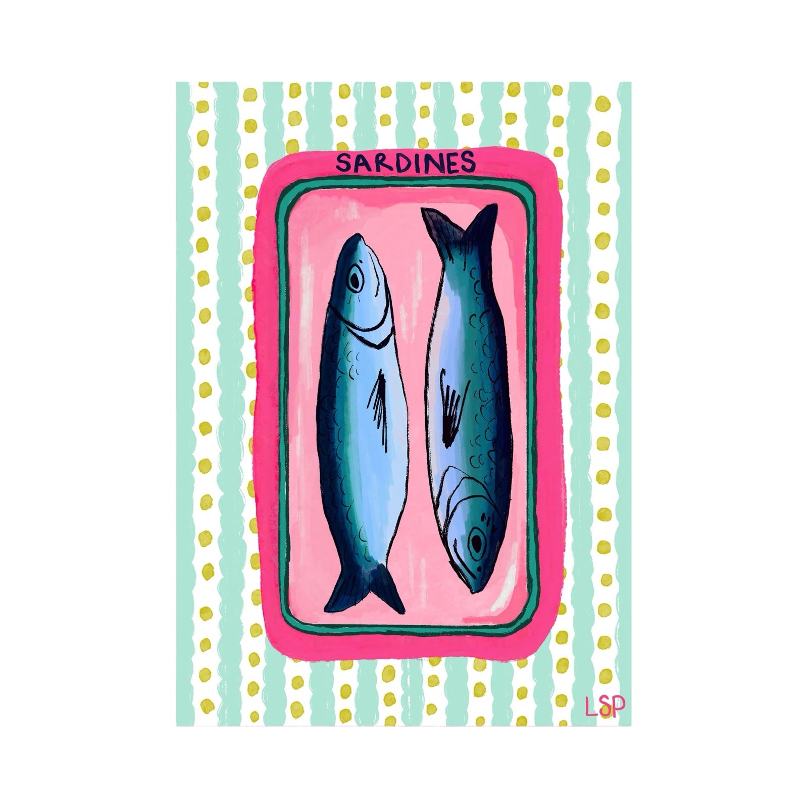 This print features an illustration of a pink tin of sardines with a green and white striped background.