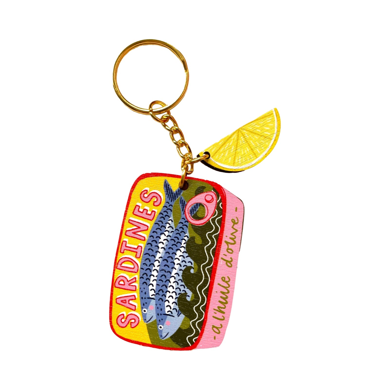 Keychain with sardine design, lemon, and text on a white background.