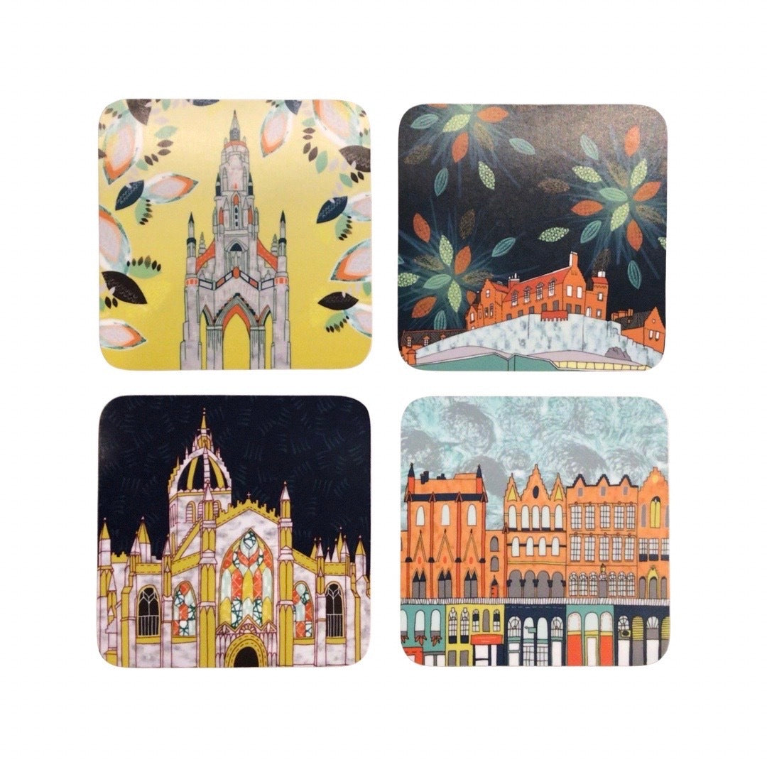 Set of 4 coasters featuring the iconic landmarks of Edinburgh Castle, St Giles' Cathedral, Scott Monument and Victoria Street.