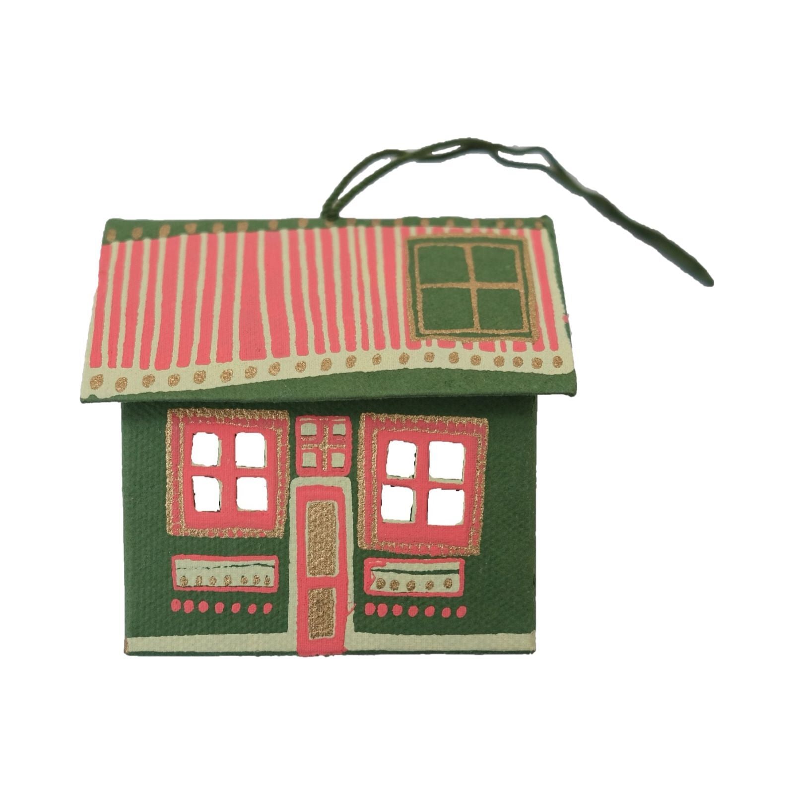 A green and pink Scottish bothy three-dimensional cardboard decoration