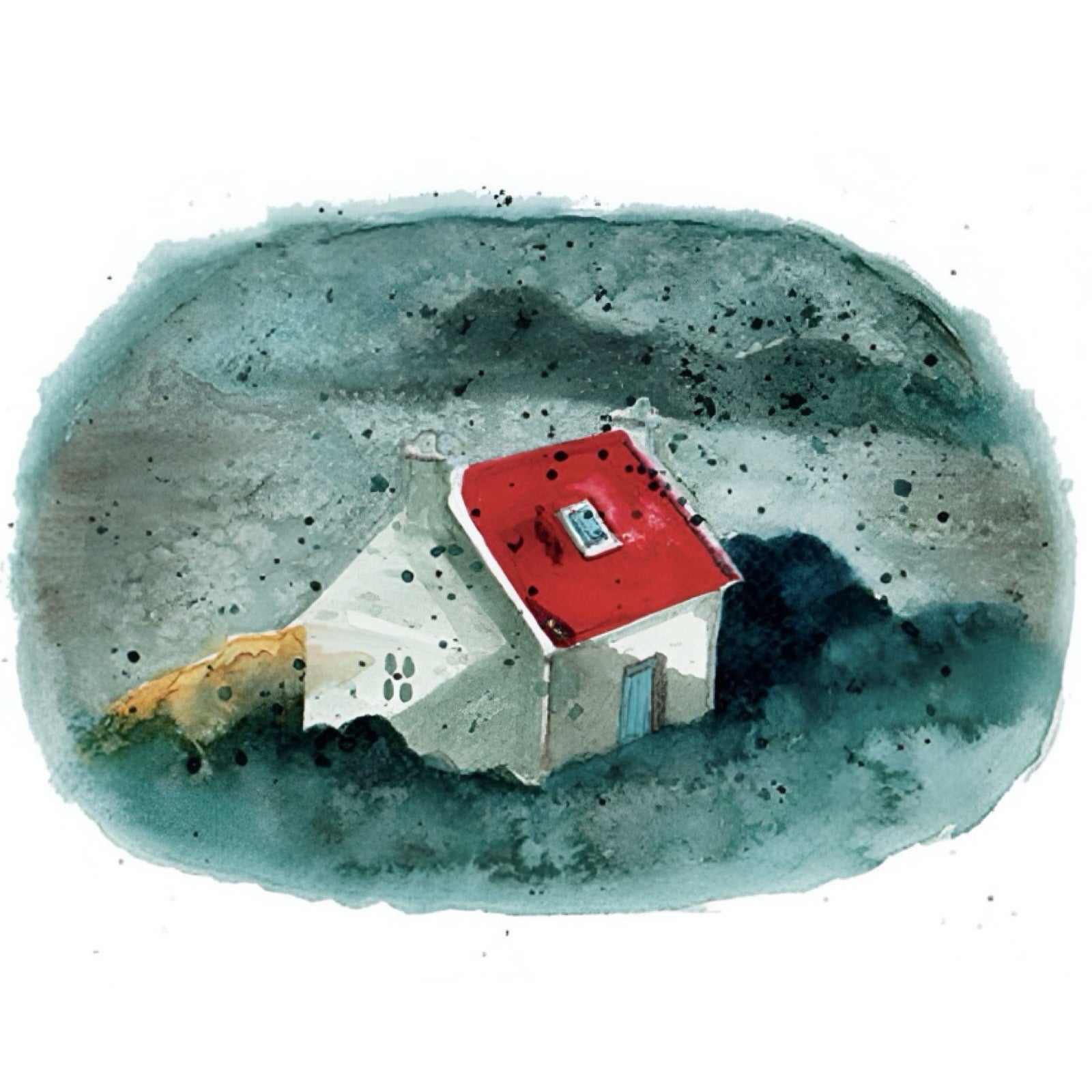 This print features an illustration of a Scottish bothy with a red roof against a blue landscape