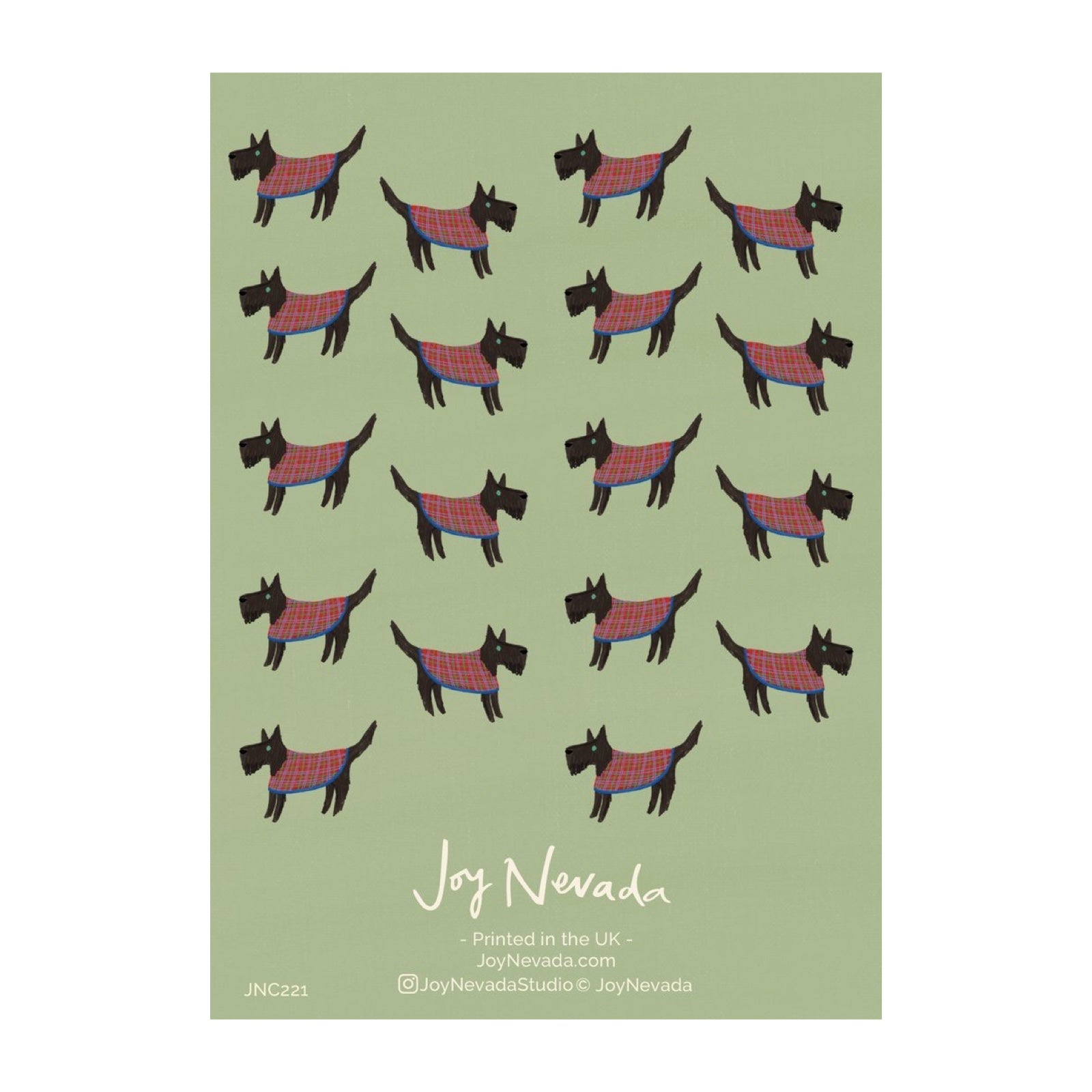The back of a Christmas card with multiple scottie dogs in tartan coats against a pale green background.