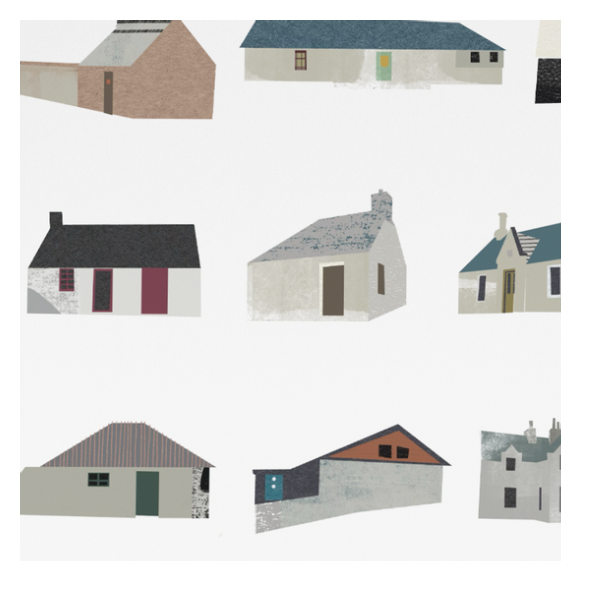 Pattern of small houses on a white background.