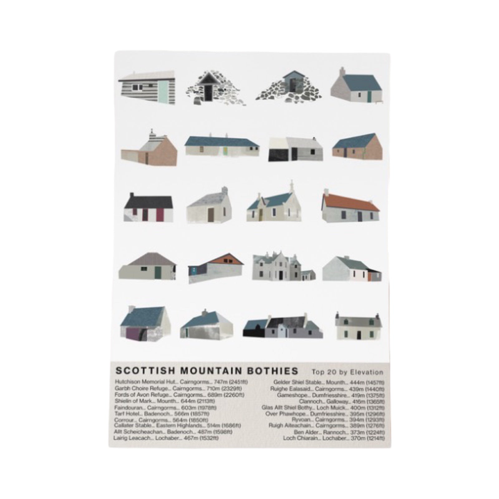 Illustrations of Scottish mountain bothies on a white background.