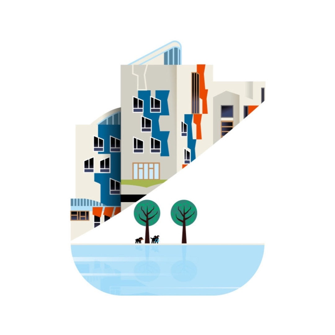 An illustration of the Scottish Parliament building in Edinburgh, depicted as a postcard or greetings card. The image features a stylized representation of the building with a body of water in front and a tree in the foreground on the left.