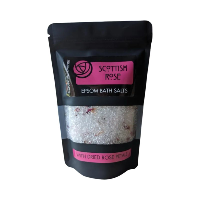 A black packet of Scottish rose fragranced epsom salts.
