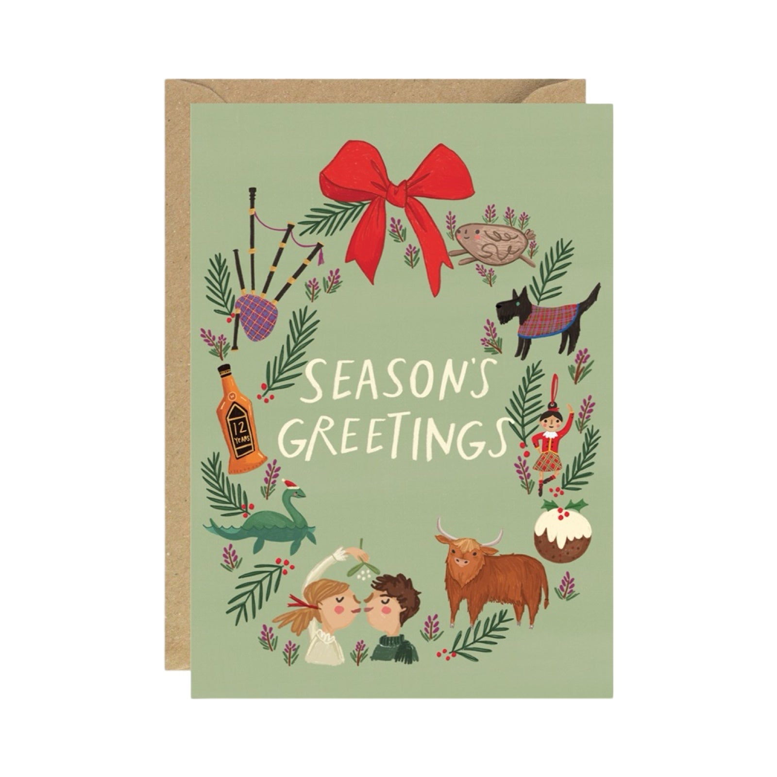 Christmas card with an illustration of a wreath that features bagpipes, a highland dancer and a bottle of whisky and the text 'Seasons Greetings'.