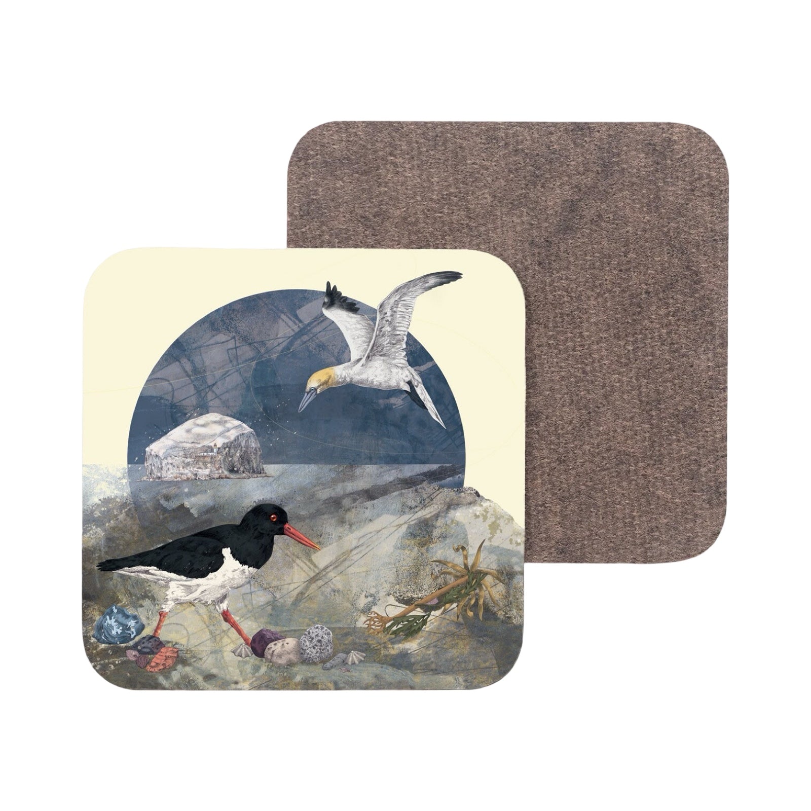 A coaster featuring an illustration of seabirds on the shoreline.
