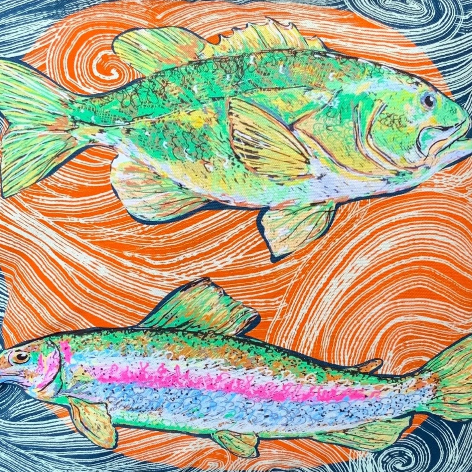 Colourful fish illustration on a wavy background.