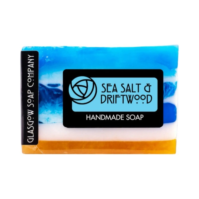 A bar of blue and white sea salt and driftwood soap.
