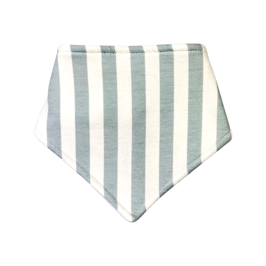 A seafoam striped bandana bib for babies, with a small adjustable neck strap.