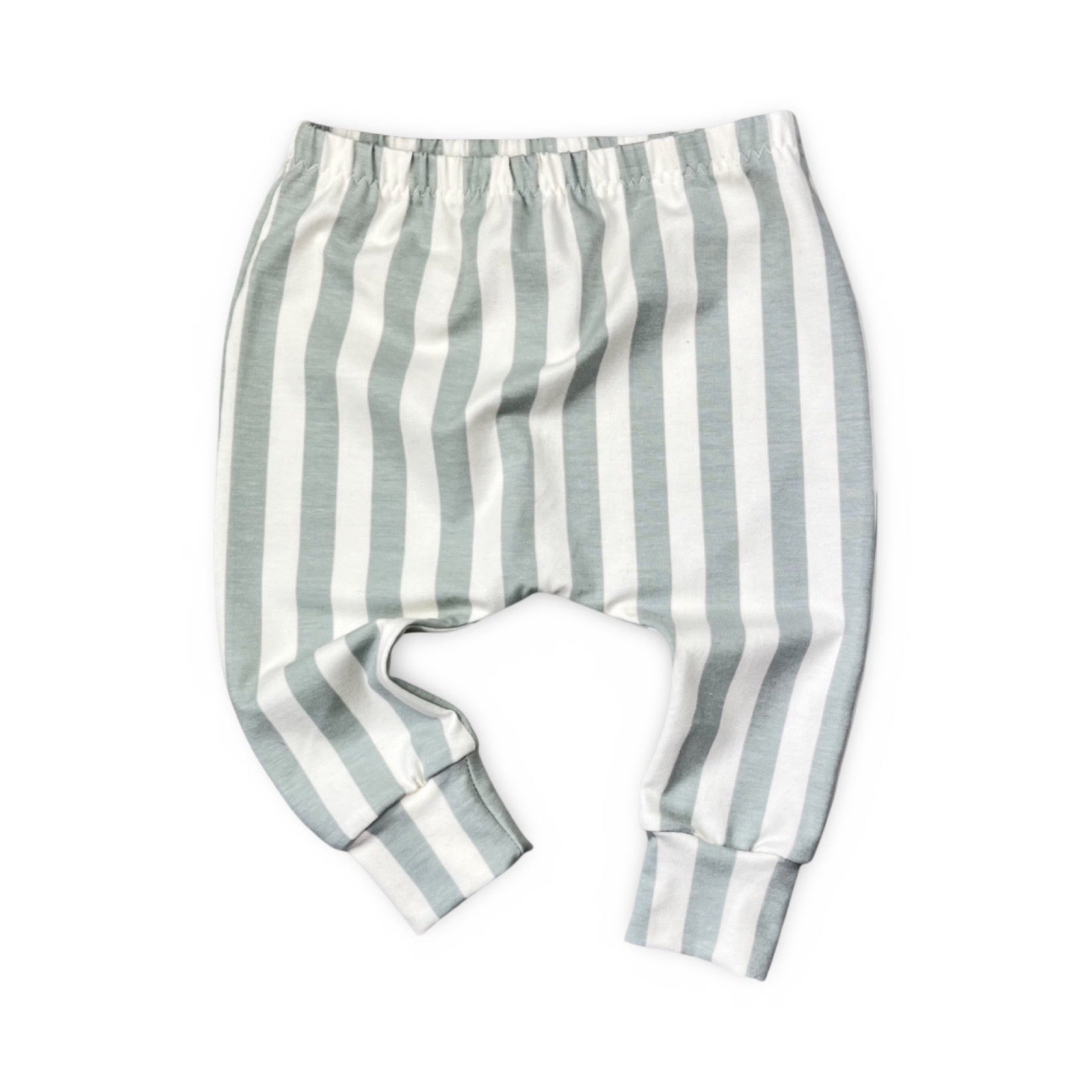 Baby harem leggings in seafoam stripe fabric.