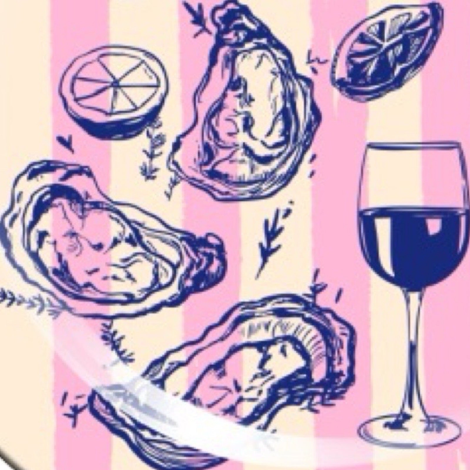 Round plate with blue illustrations of a bottle, glass, and oysters on a pink and white striped background.