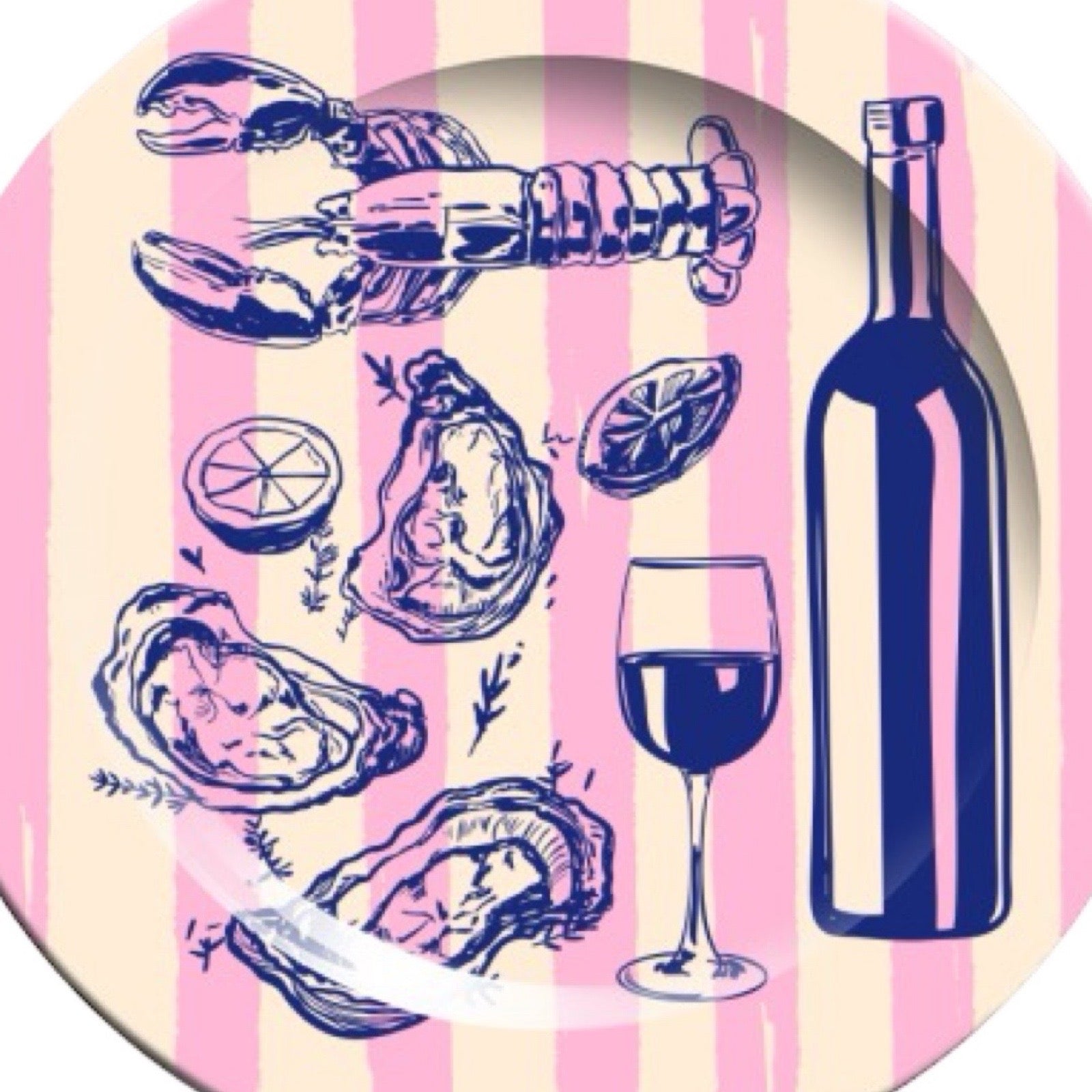 Round plate with blue illustrations of a bottle, glass, and oysters on a pink and white striped background.