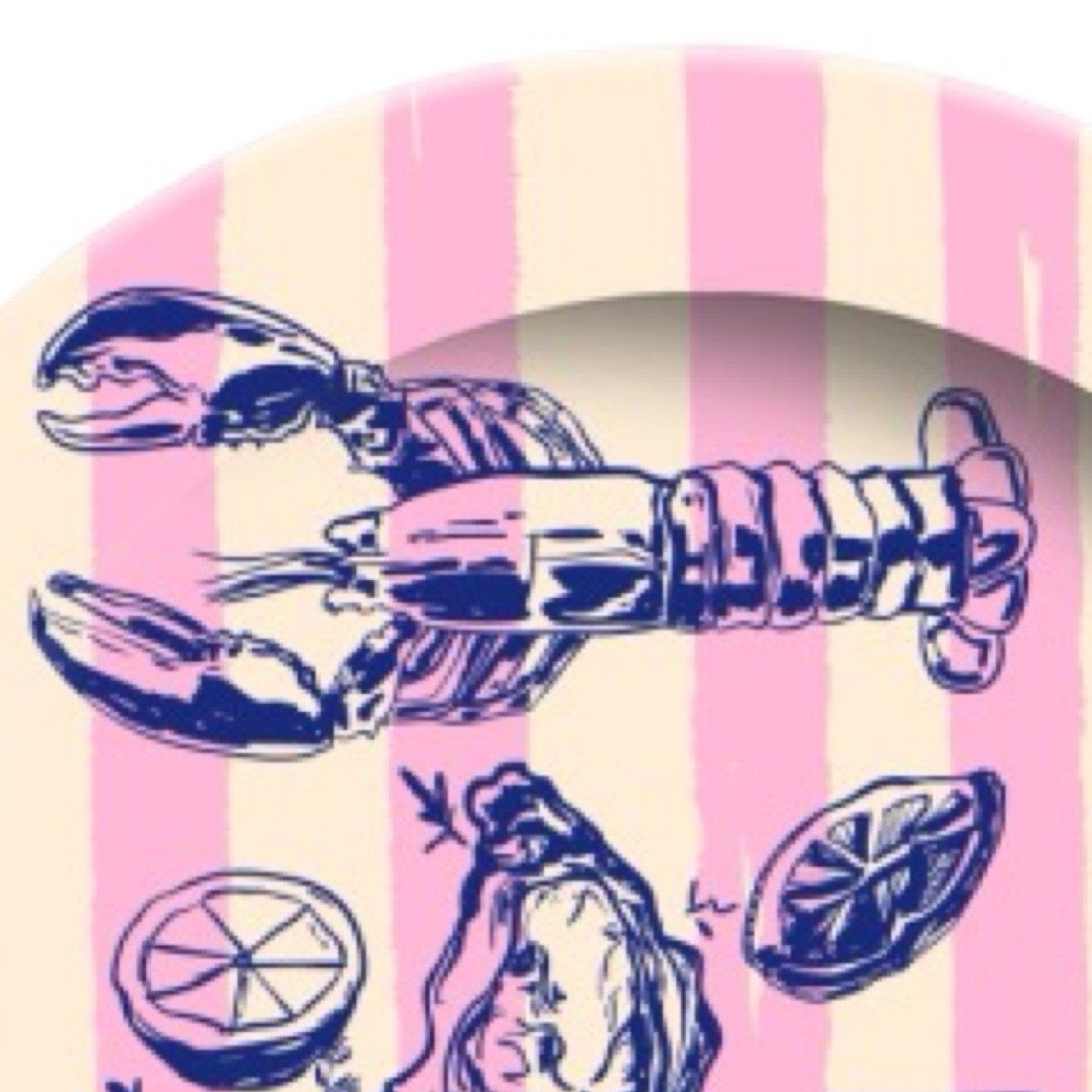 Round plate with blue illustrations of a bottle, glass, and oysters on a pink and white striped background.