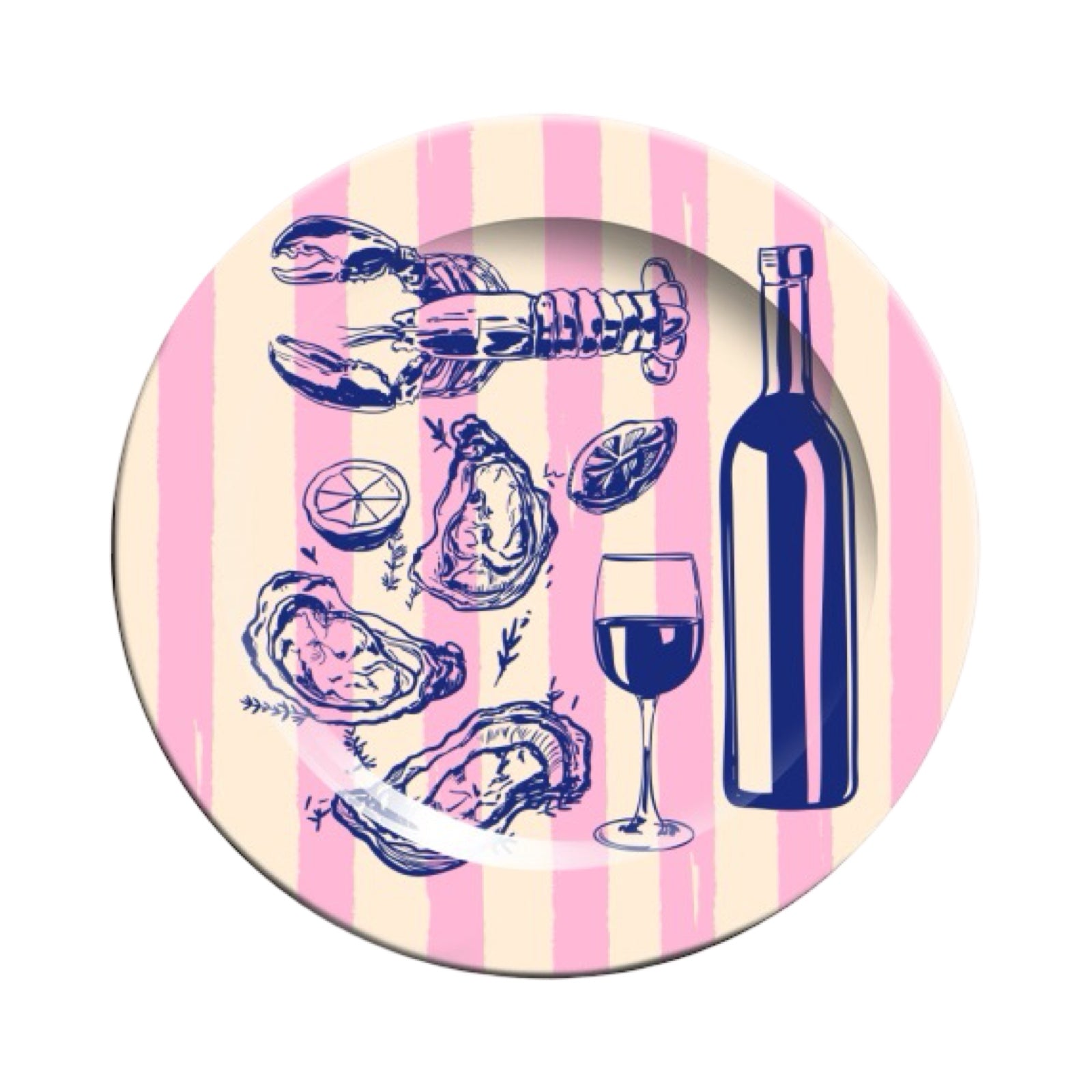 Round plate with blue illustrations of a bottle, glass, and oysters on a pink and white striped background.