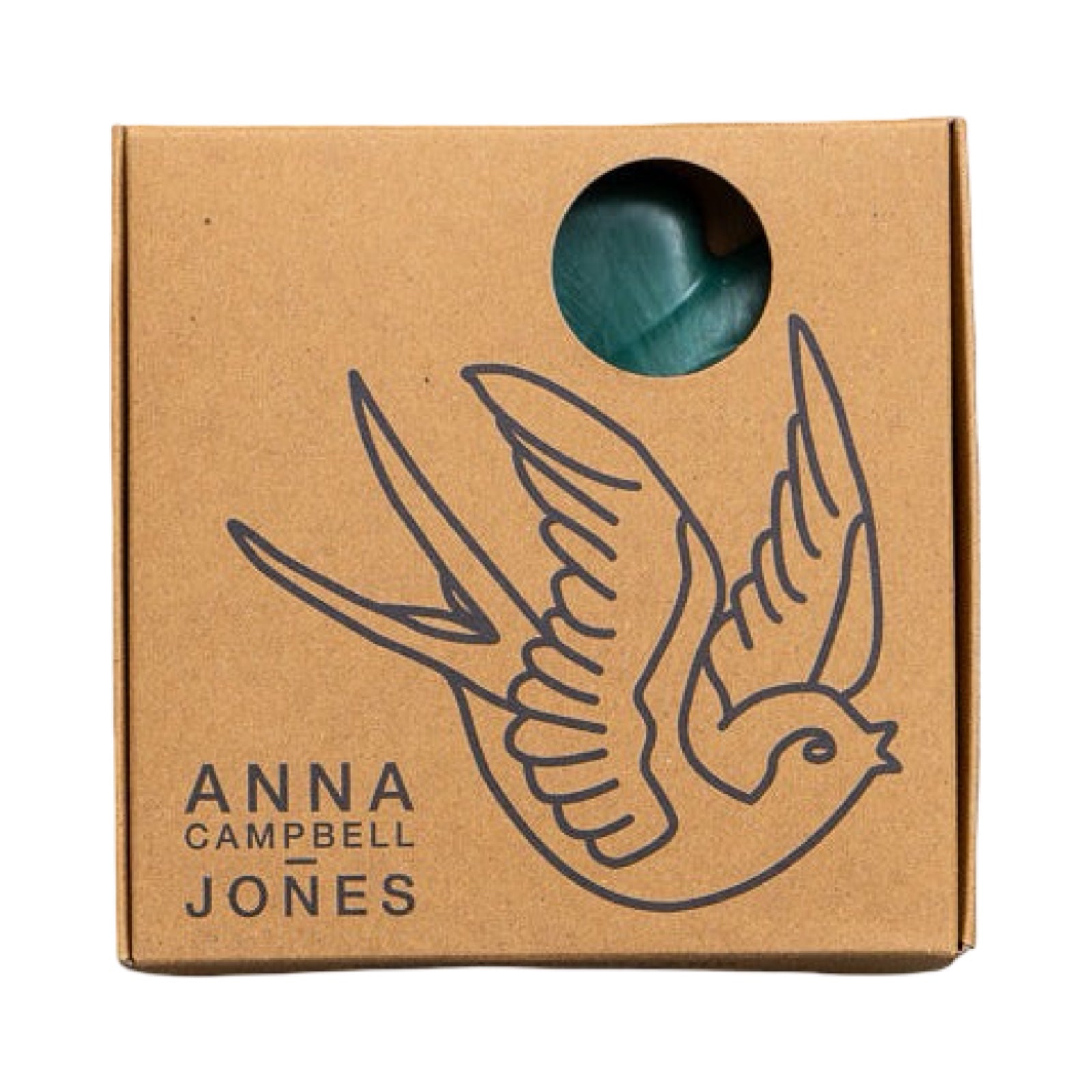 Cardboard box with a bird illustration and 'Anna Campbell Jones' branding on a white background.