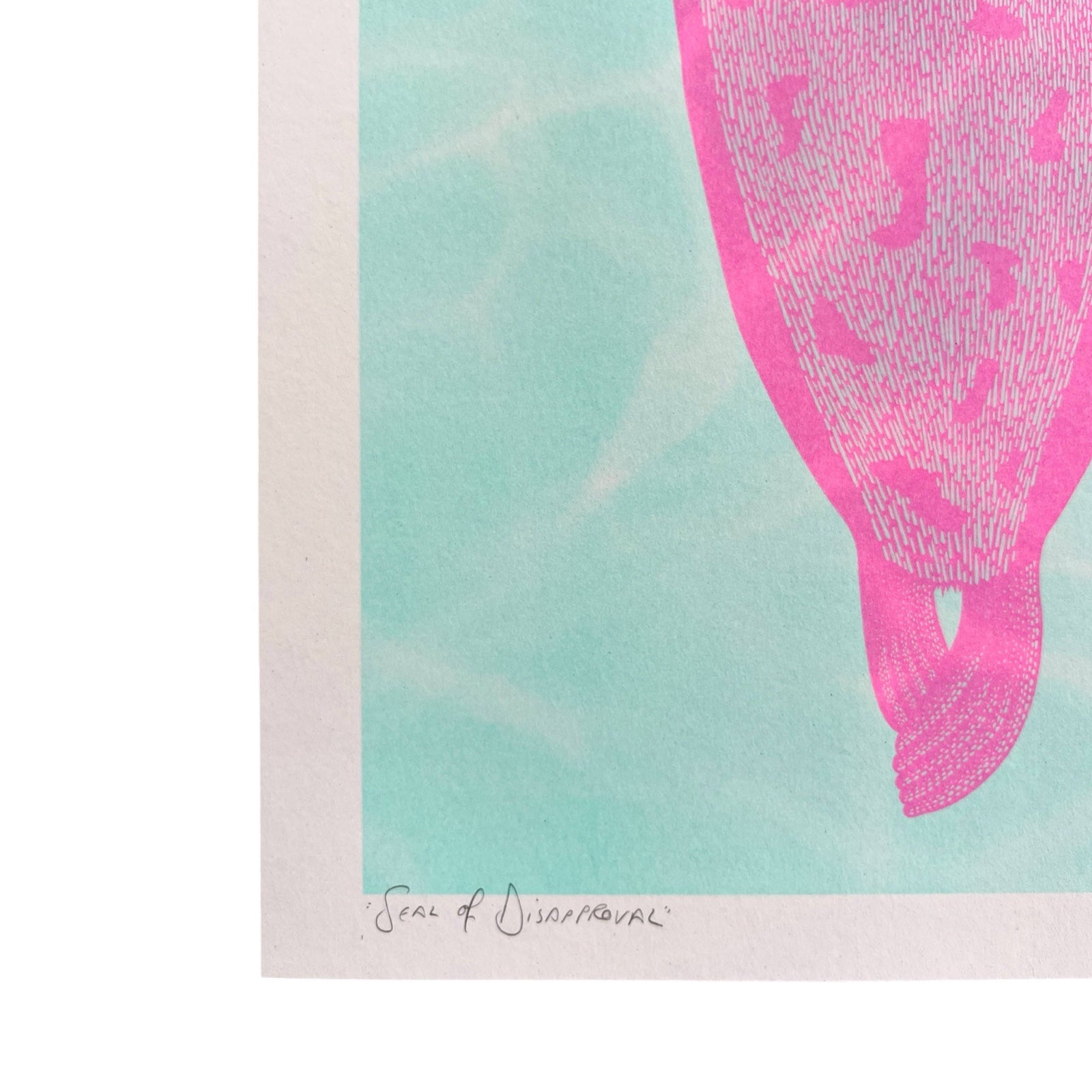 This risograph print features a giant pink seal in the sea.