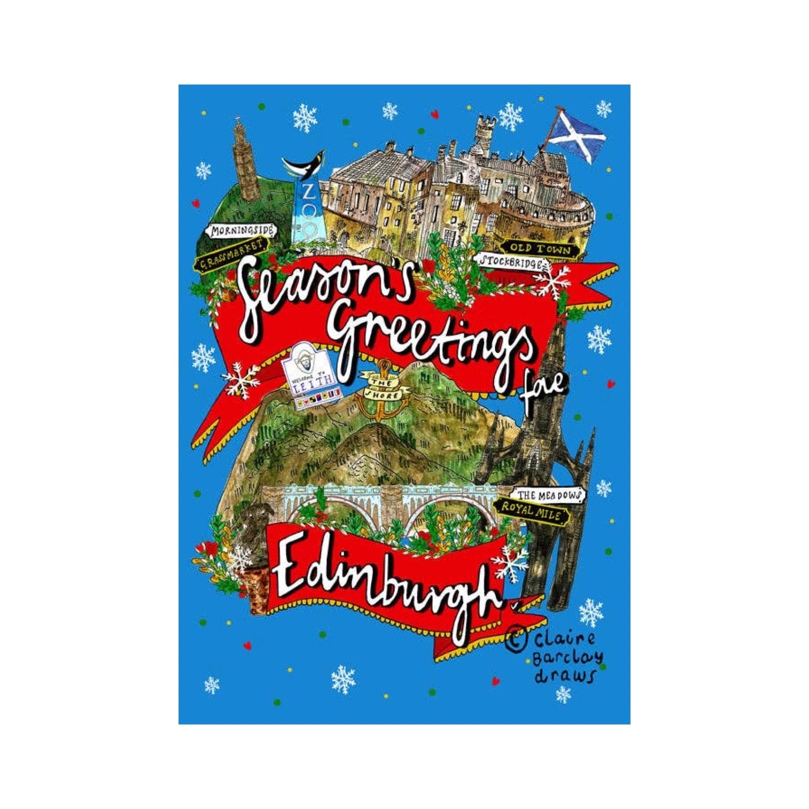 An illustrated greeting card featuring Edinburgh landmarks and festive text reading 'Season's Greetings to Edinburgh' on a bright blue background. The artwork includes a castle, bird, bridge, tree, and snowflakes, with red banners and green foliage accents.