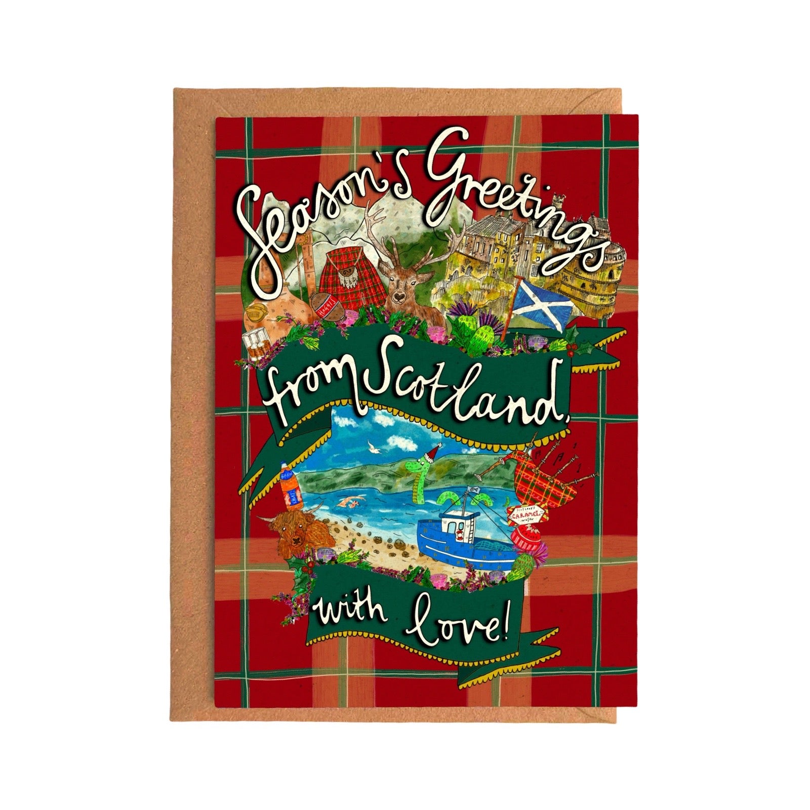A Scotland-themed greeting card with a red tartan background and illustrated scenic collage, shown with a kraft envelope on a white background. The card reads 'Season's Greetings from Scotland with love!' and includes motifs like a whisky bottle, a Highland flag, a boat, and a landscape scene.