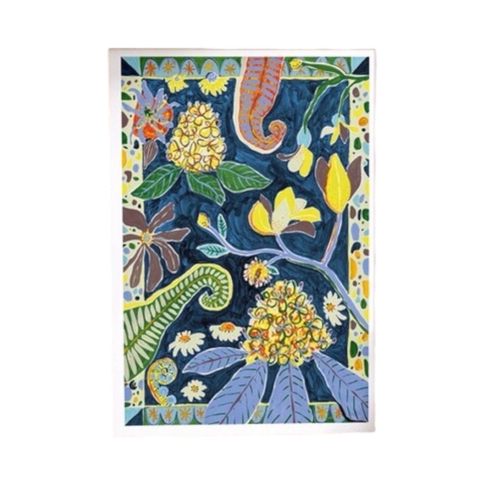 A beautiful navy print reproduced from an original painting featuring colourful flowers and a folk-inspired colourful border.