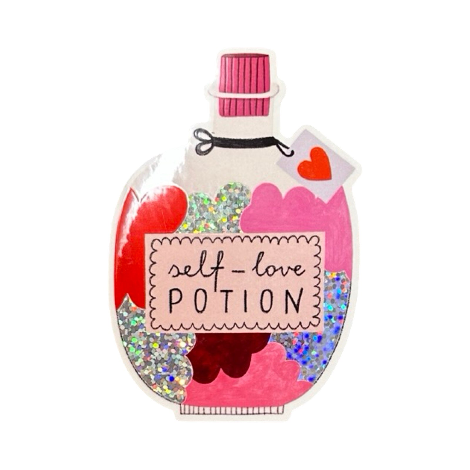A vinyl sticker of a jar filled with a pink, silver glitter and red self-love potion.