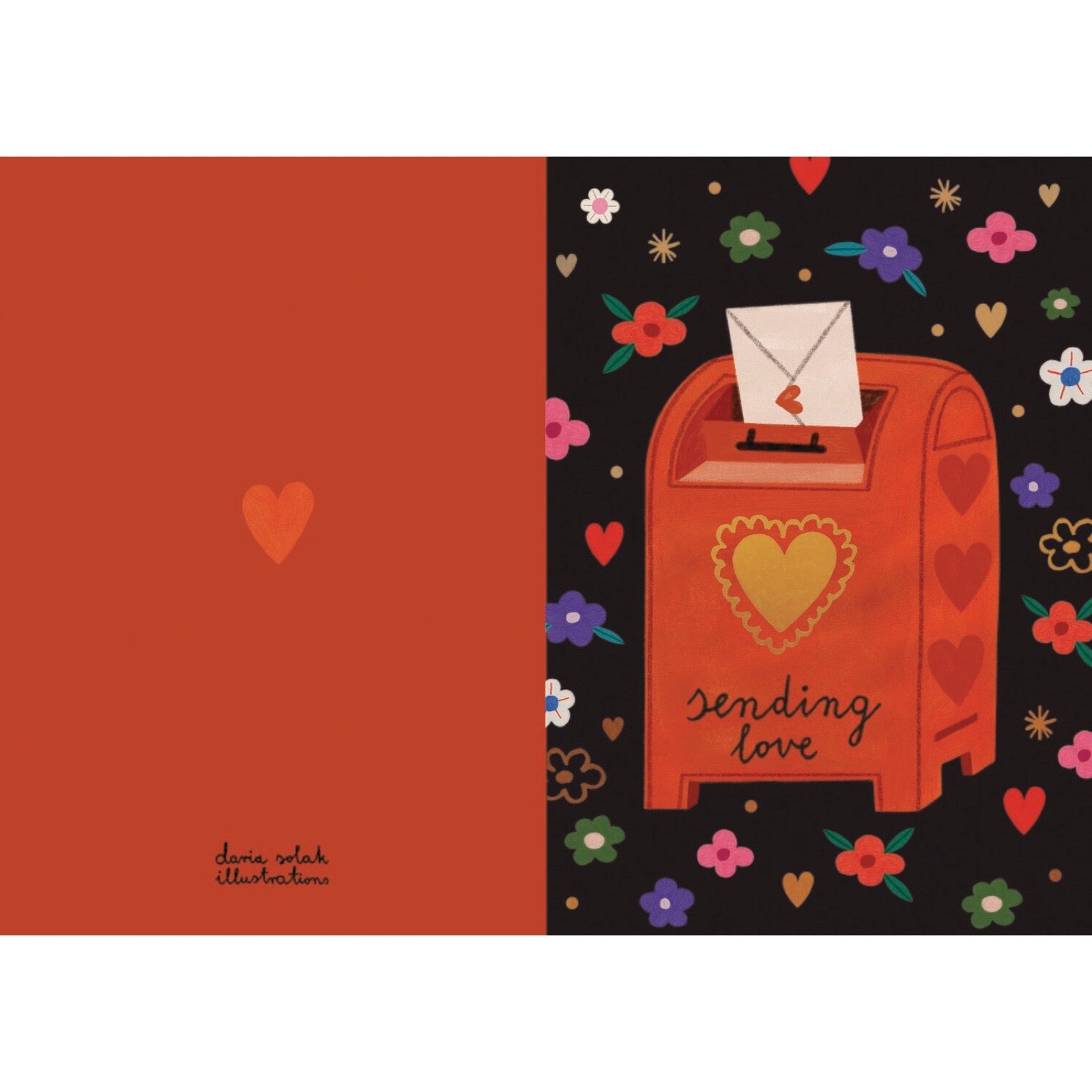 Card with a red mailbox and envelope labeled 'sending love' on a black background with colourful flowers and hearts, and red back of card with black text and an orange heart.