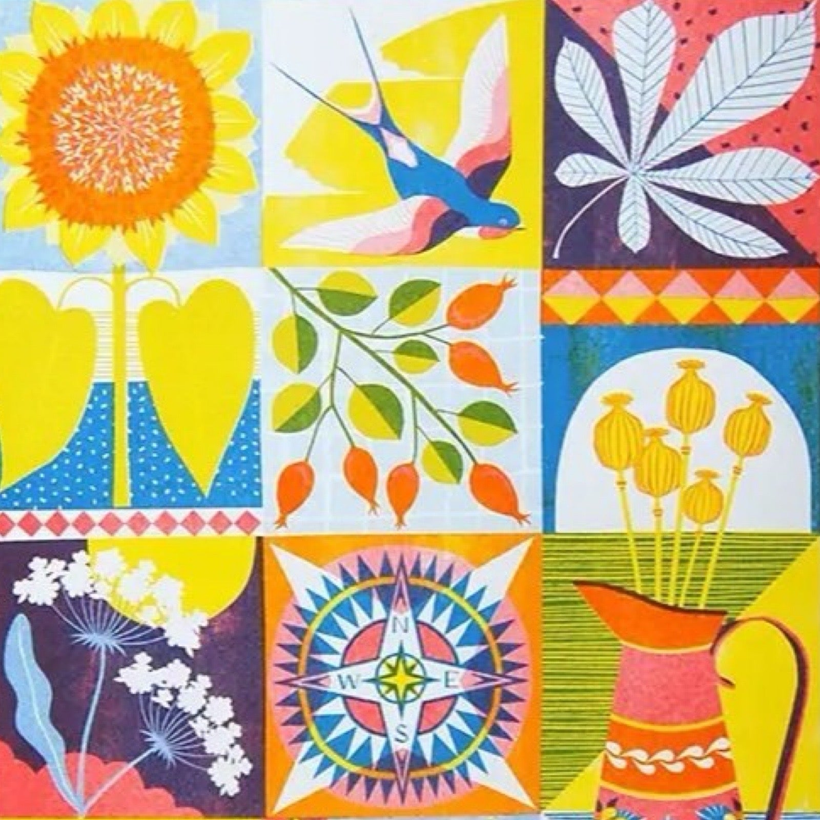 Risograph art print featuring a retro coffee pot, a sunflower, a swallow and colourful leaves.