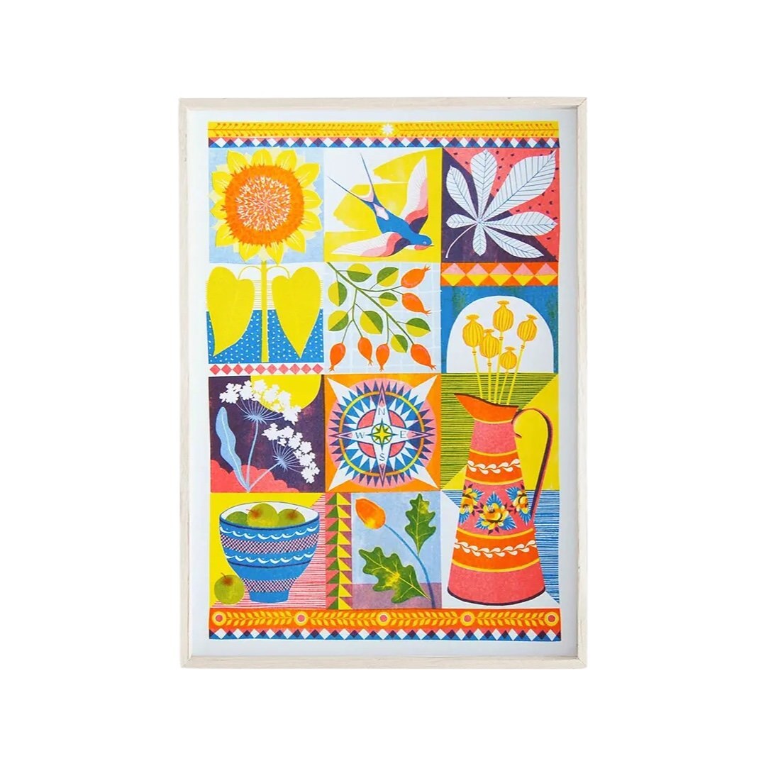 Risograph art print featuring a retro coffee pot, a sunflower, a swallow and colourful leaves.