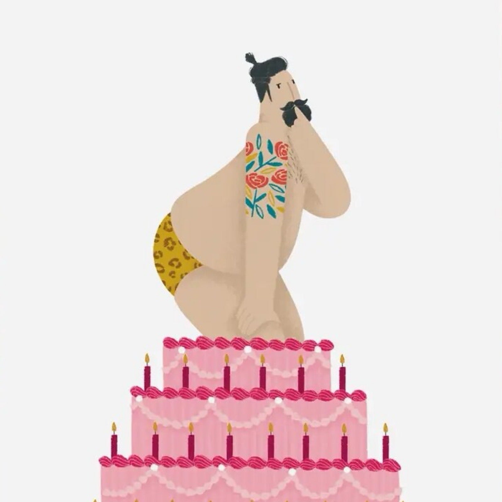 Sexy man birthday cake card close up.