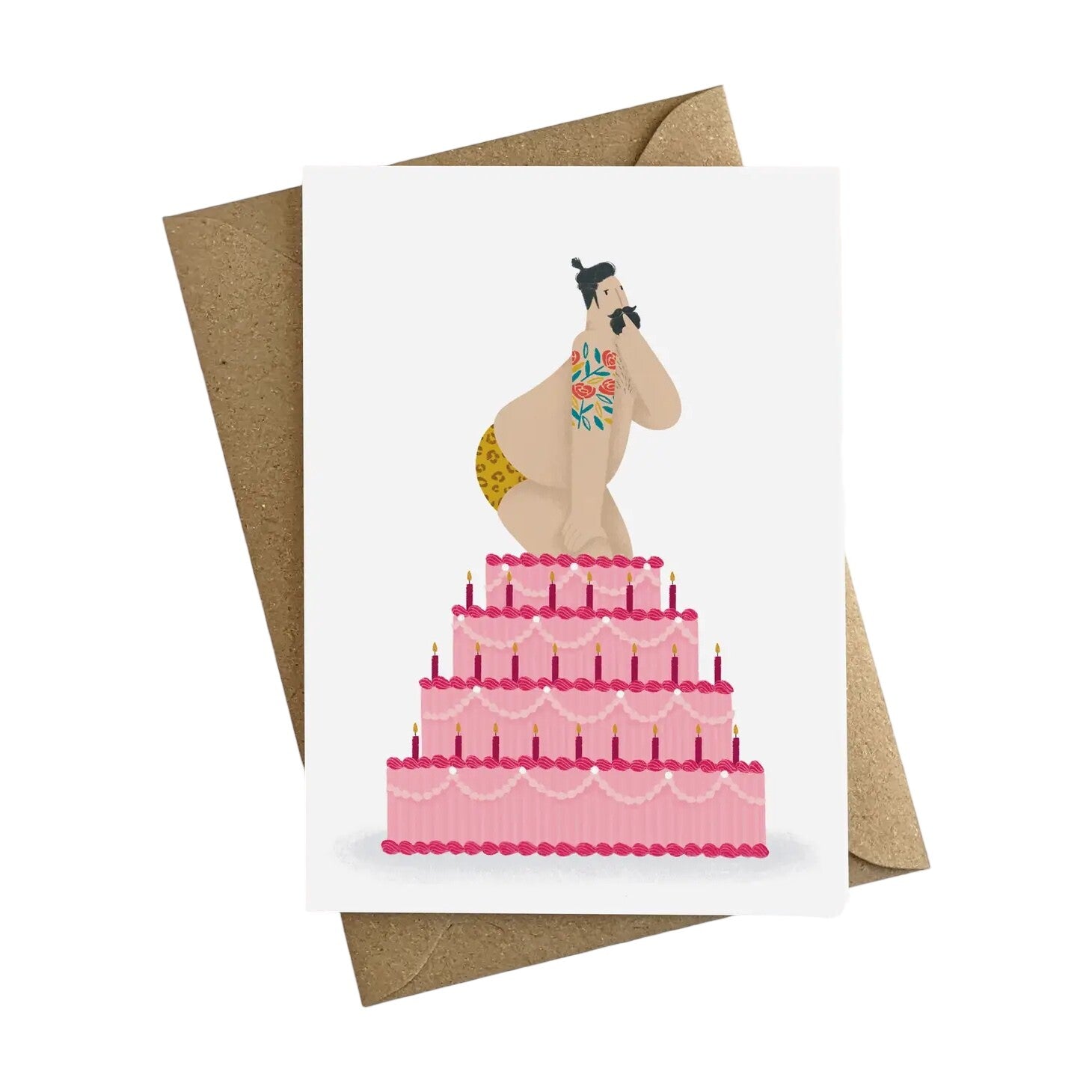 Birthday card featuring an illustration of a sexy, bearded, tattooed man in his leopard print swim trunks, on top of a large pink birthday cake.
