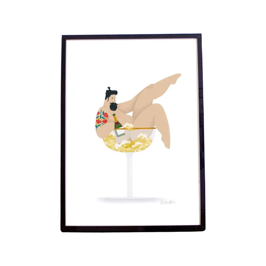 Illustration of a bearded, tattooed man in his swimwear sitting inside a glass full of champagne.
