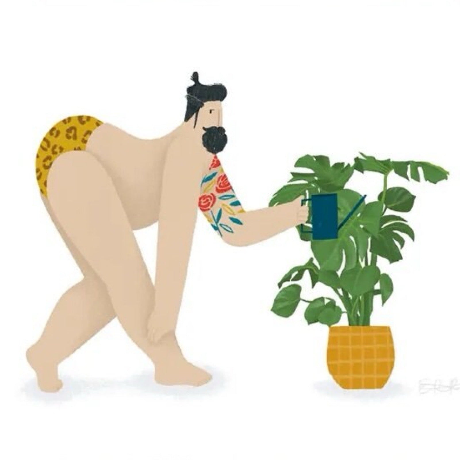 Print featuring an illustration of a sexy, bearded, tattooed man in his leopard print swimwear watering his favourite plant.