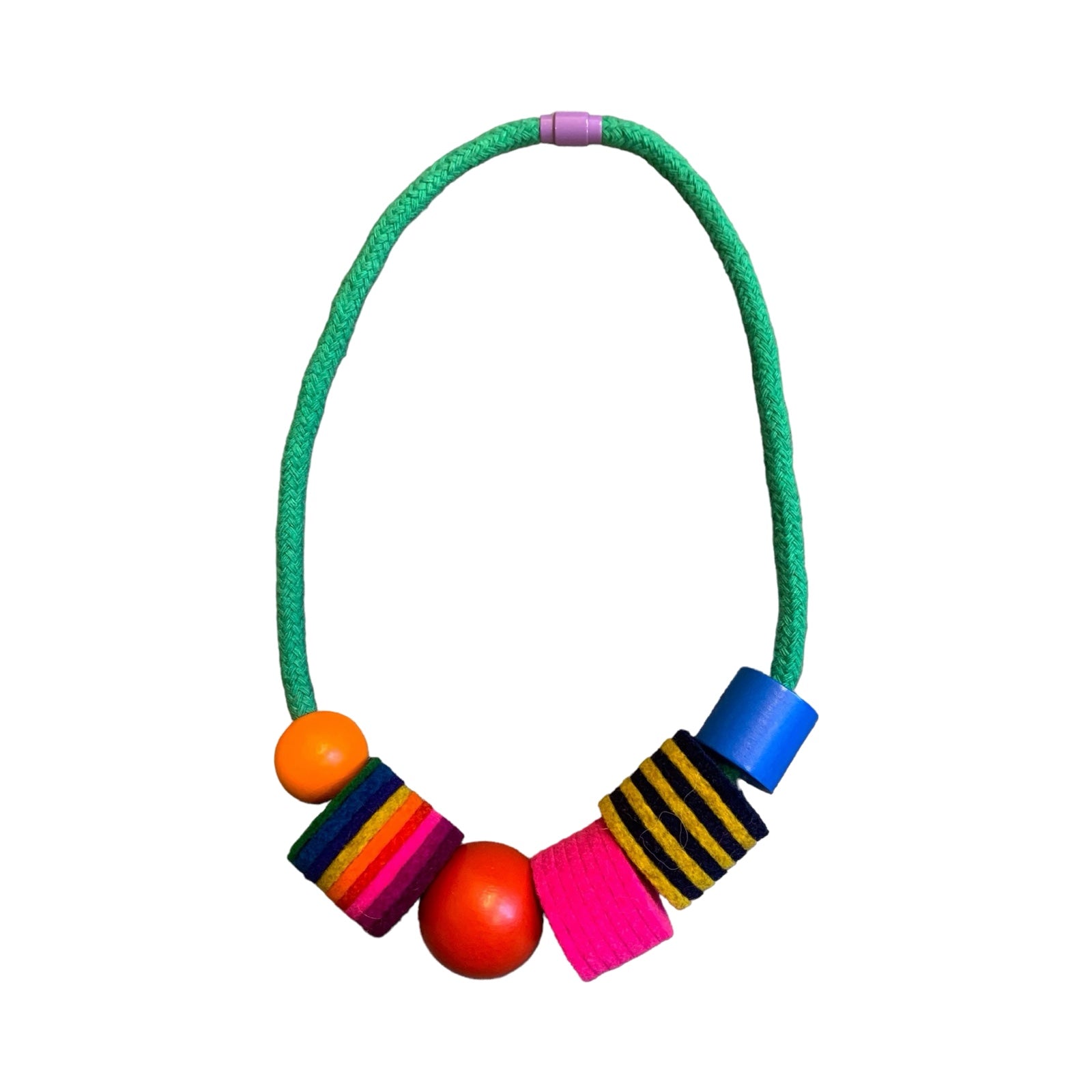 Handmade chunky industrial felt beads contrast with painted wooden beads.